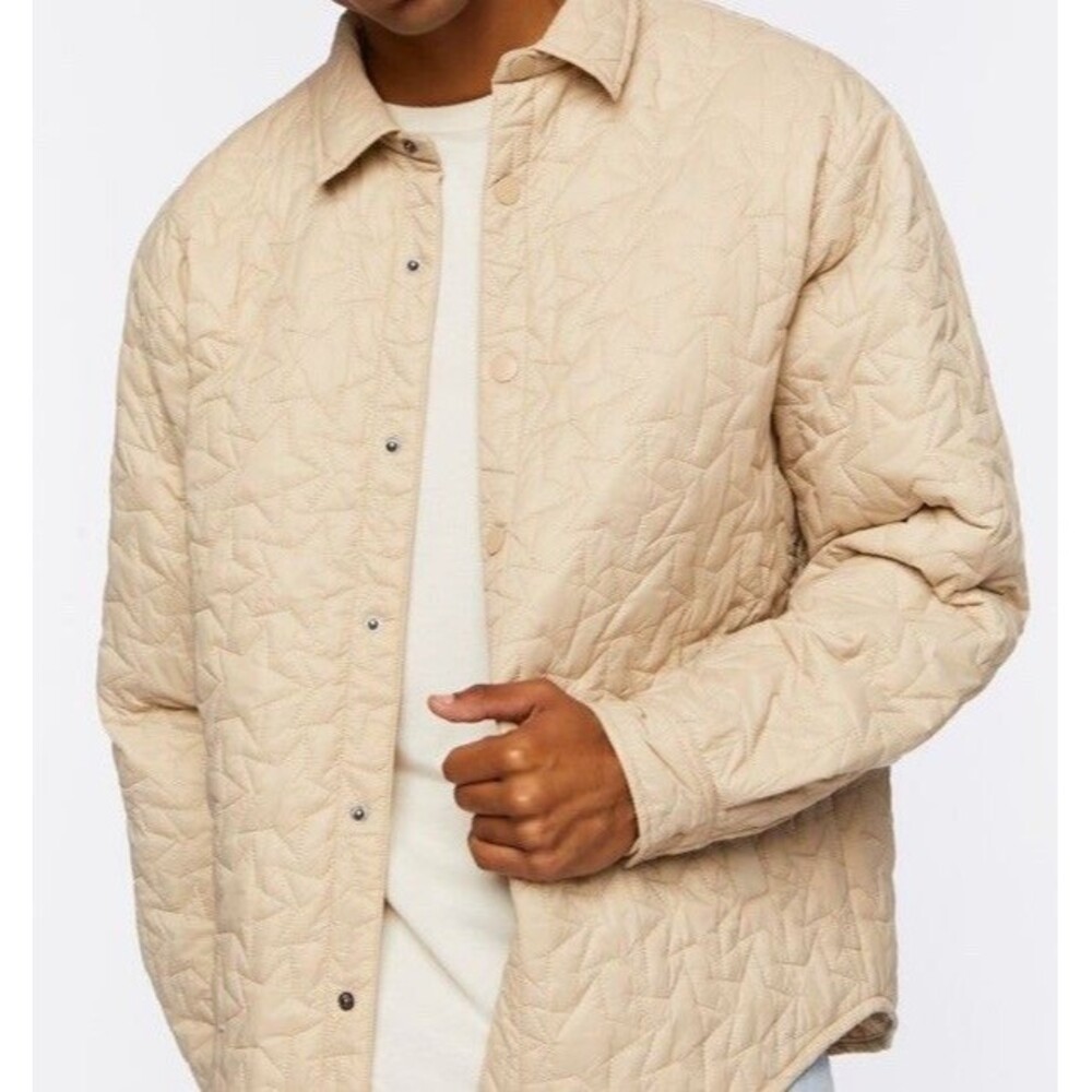 Mens Forever 21 Star Quilted Shirt Bomber Jacket Taupe Beige Puffer Tan Gift New